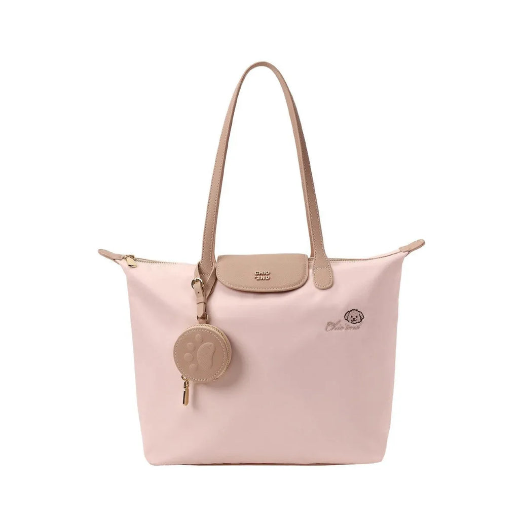 Oxford cloth tote shoulder bag in pink with horizontal square shape and sandwich pocket design