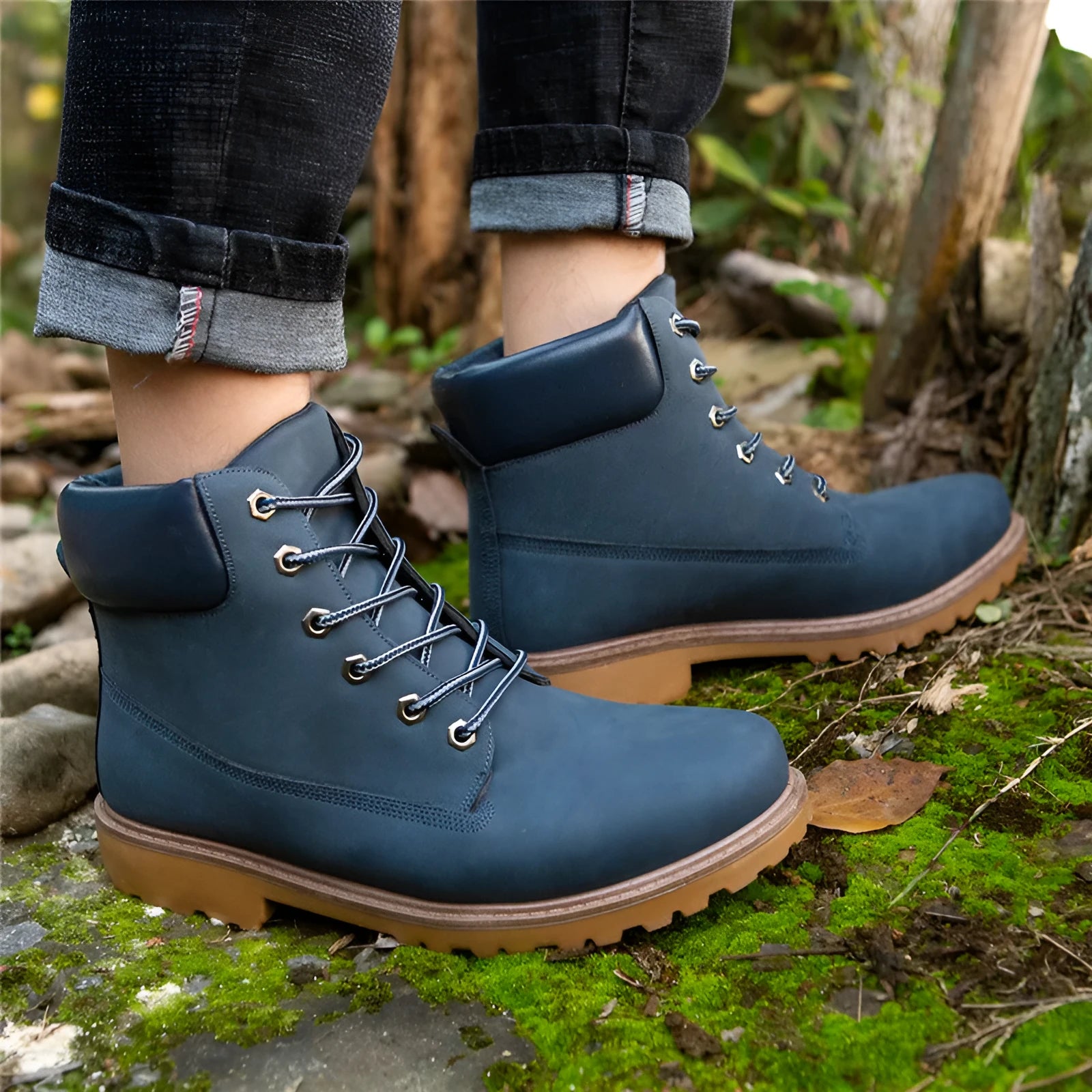 Men's pink high-top lace-up Martin boots with velvet lining and a flat rubber sole.