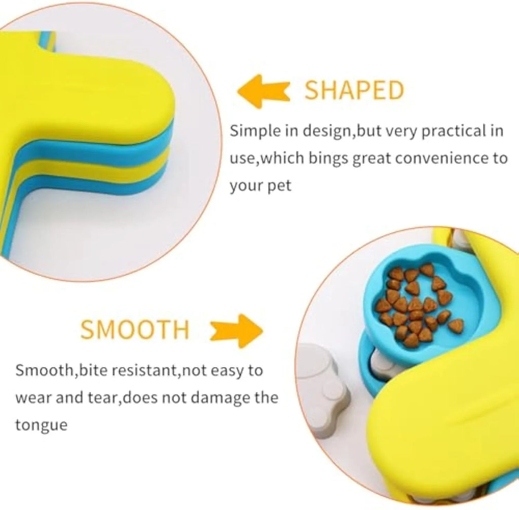 Yellow three-layer rotating dog puzzle feeder with claw-shaped lids on anti-slip base