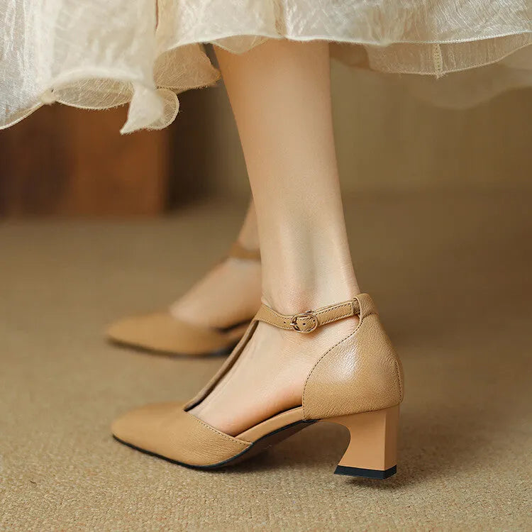 Wine red women's square toe chunky heel shoes with buckle, made from sheepskin leather.