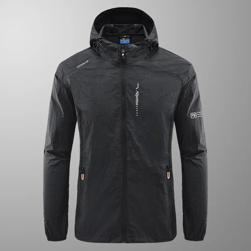 Men's lightweight nylon hooded jacket in light grey colour for summer outdoor sun protection