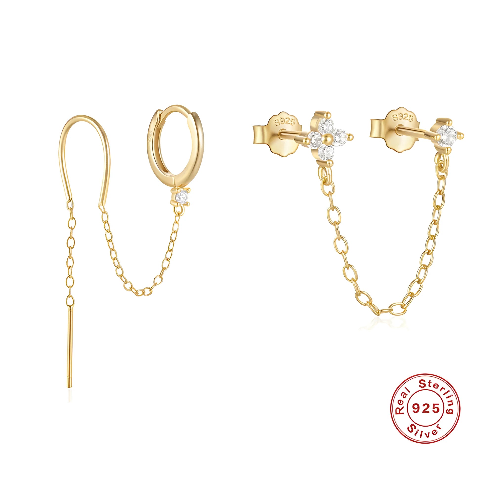 S925 sterling silver geometric ear clip stud earrings with flower and tassel elements in gold electroplated finish