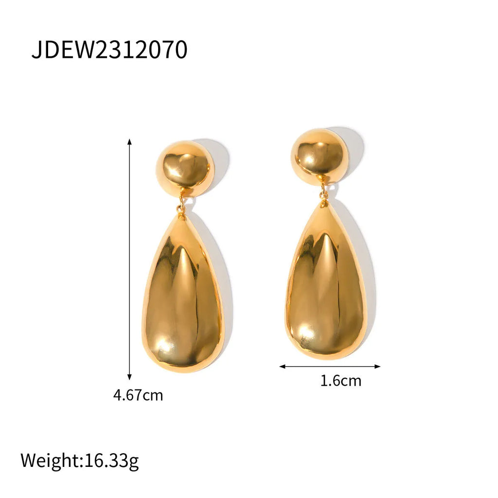 Gold geometric water drop earrings with hemisphere pendant design on stainless steel