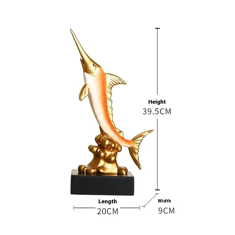 A European-style swordfish sculpture decoration in resin, shown in one of four colour options.