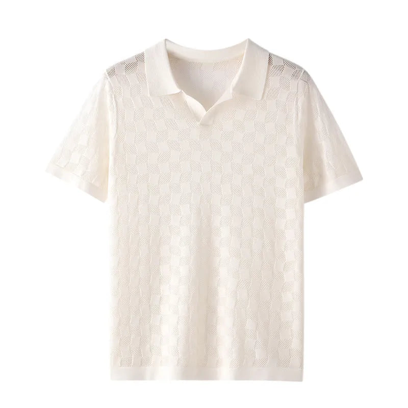 Men's mulberry silk lapel collar sweater in business casual style with jacquard craft detailing