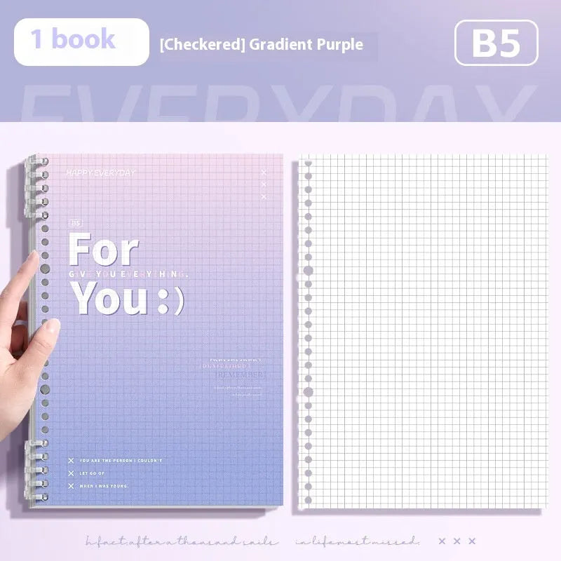 A4 and B5 removable coil notebooks with gradient coloured PP covers in green, blue, pink, and purple.