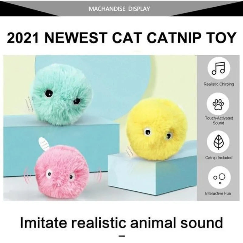 Interactive cat toy ball in blue, pink or yellow colours with 55mm diameter for touch-activated animal sounds