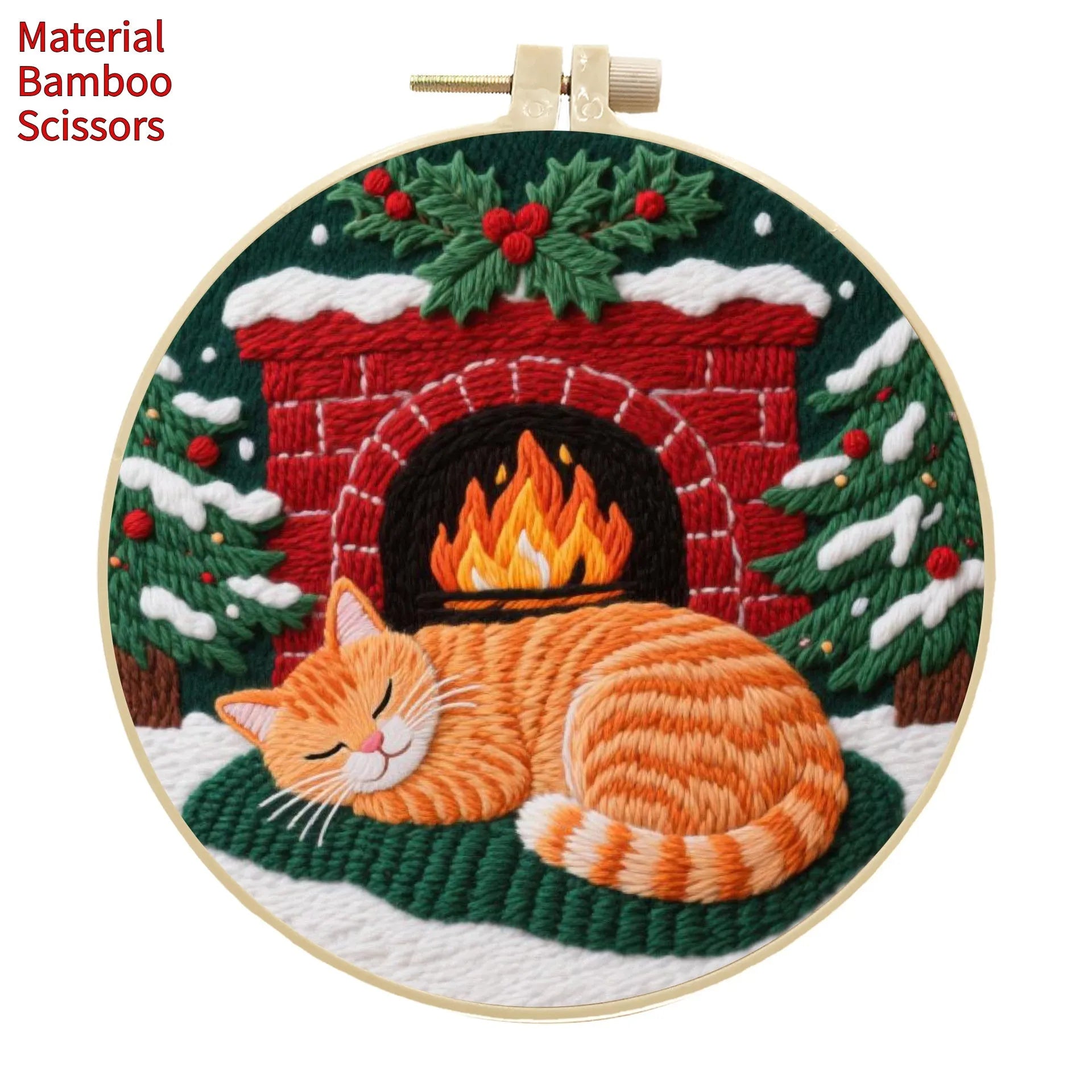 Embroidery material kit with cotton linen fabric featuring autumn fruit design, imitation bamboo hoop, and scissors.
