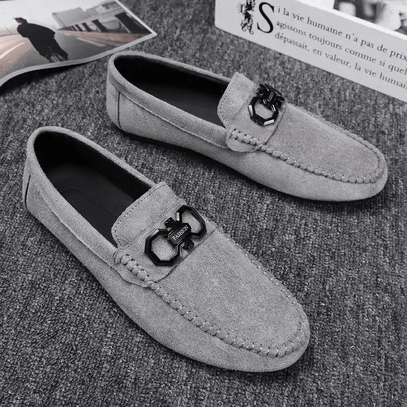 Men's black and grey suede casual shoes with a rubber sole.