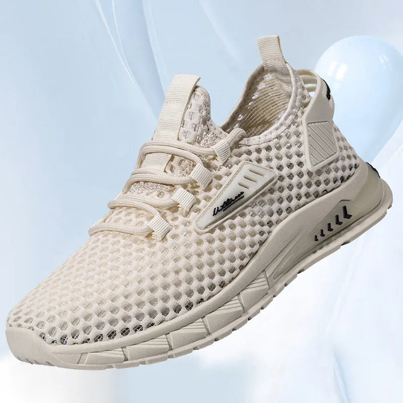 Men's beige mesh-lined sneakers with synthetic leather upper and lace-up front