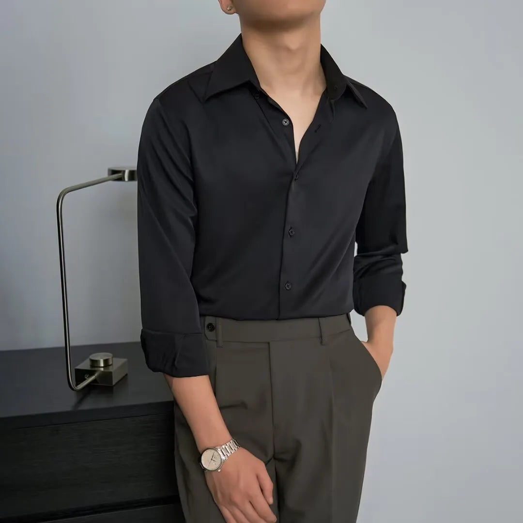 Men's black Korean style slim fit long sleeve shirt with a loose cardigan cut.
