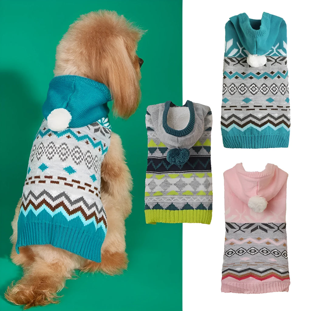 Classic diamond pattern pet sweater on small dog showing knit texture and colour options