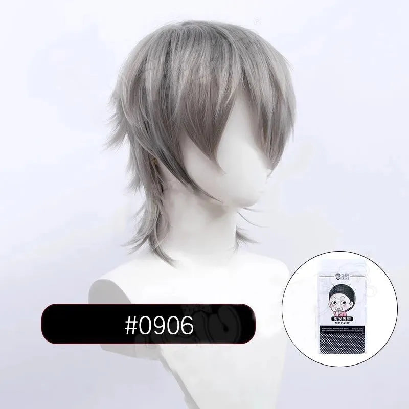 Short black and red anime cosplay wig for men with a lengthened hair tail.