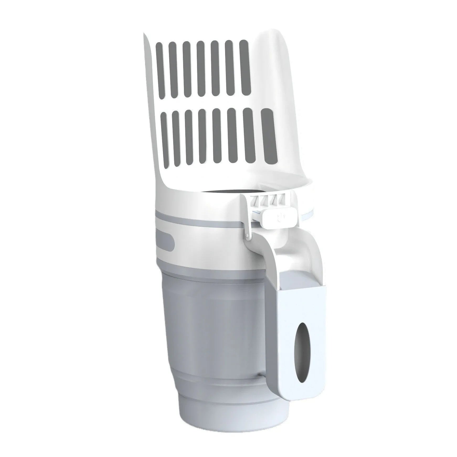 Foldable cat litter scoop with attached waste bin and lid in grey blue or green PP plastic