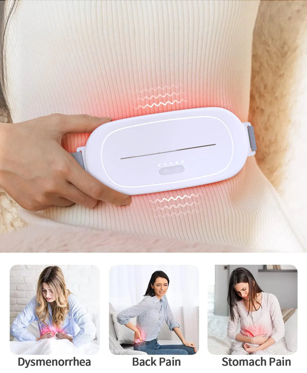 White contoured uterine warming device with USB cable on a neutral background