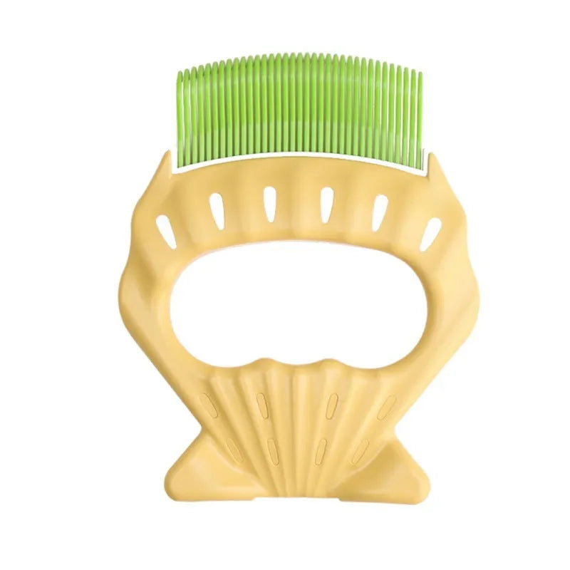 Green shell-shaped pet grooming brush with fine bent wire bristles and an anti-slip handle.