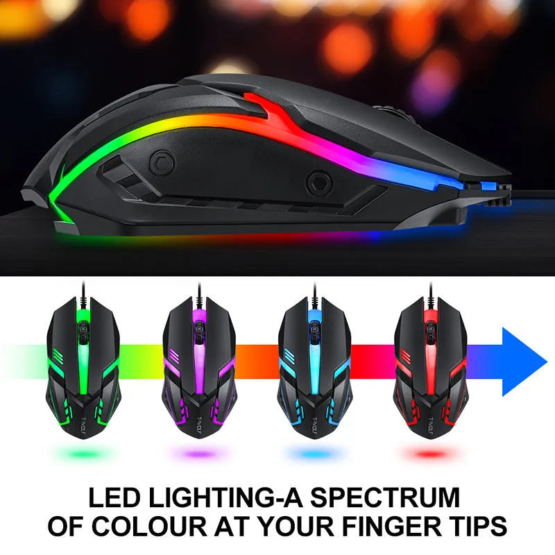Thunder Wolf T800 and Spirit Snake wired gaming keyboard, mouse, headset, and mouse mat four-piece sets on a desk