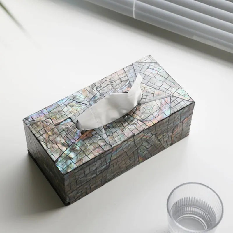 Natural shell tissue box with removable organiser in black rectangular and square designs
