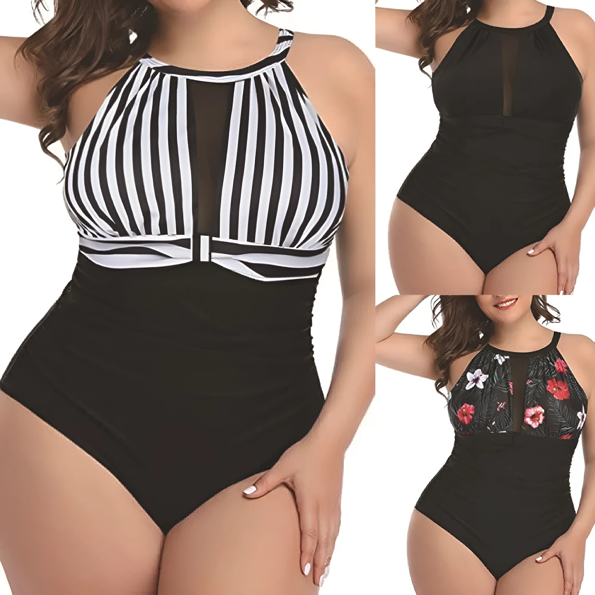 Women's black, striped, and red floral lace one-piece swimsuits on a hanger