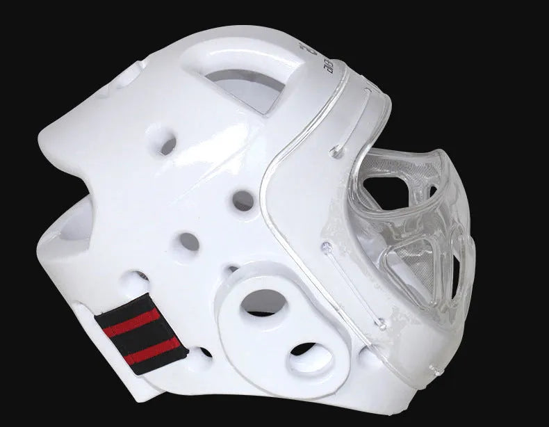 White, blue, and red karate boxing helmet for head protection in sizes S, M, L, XL.