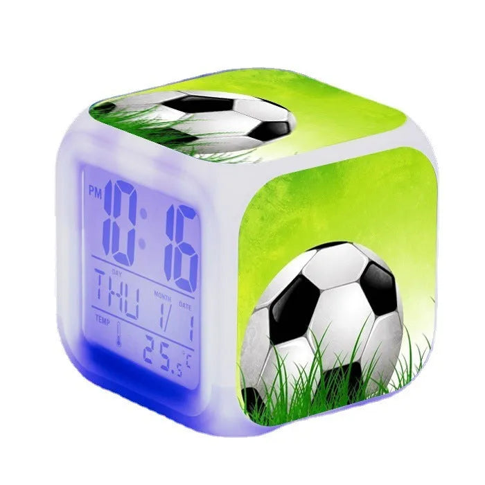 Square football pattern alarm clock with cartoon styling and mute alarm function