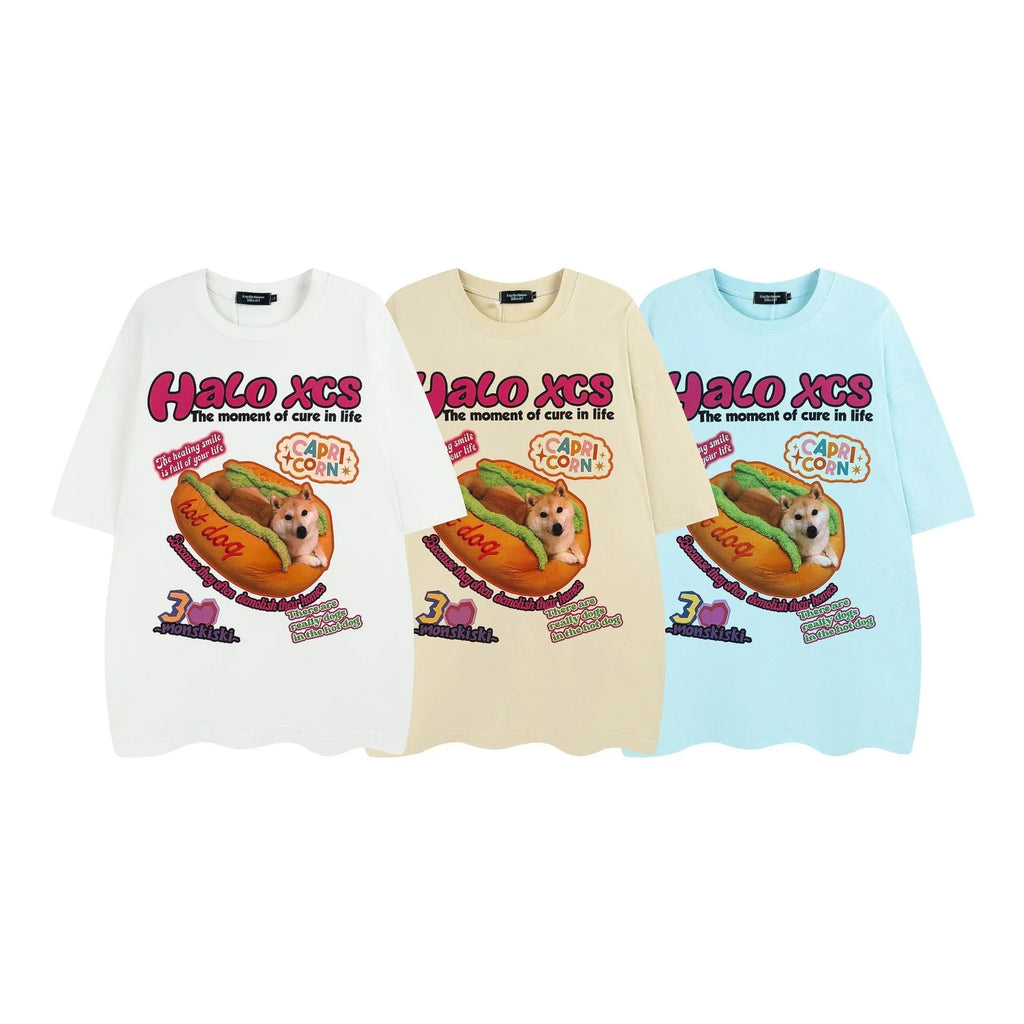 Cartoon hamburger dog printed short-sleeved t-shirt for couples in loose 100% cotton fit.