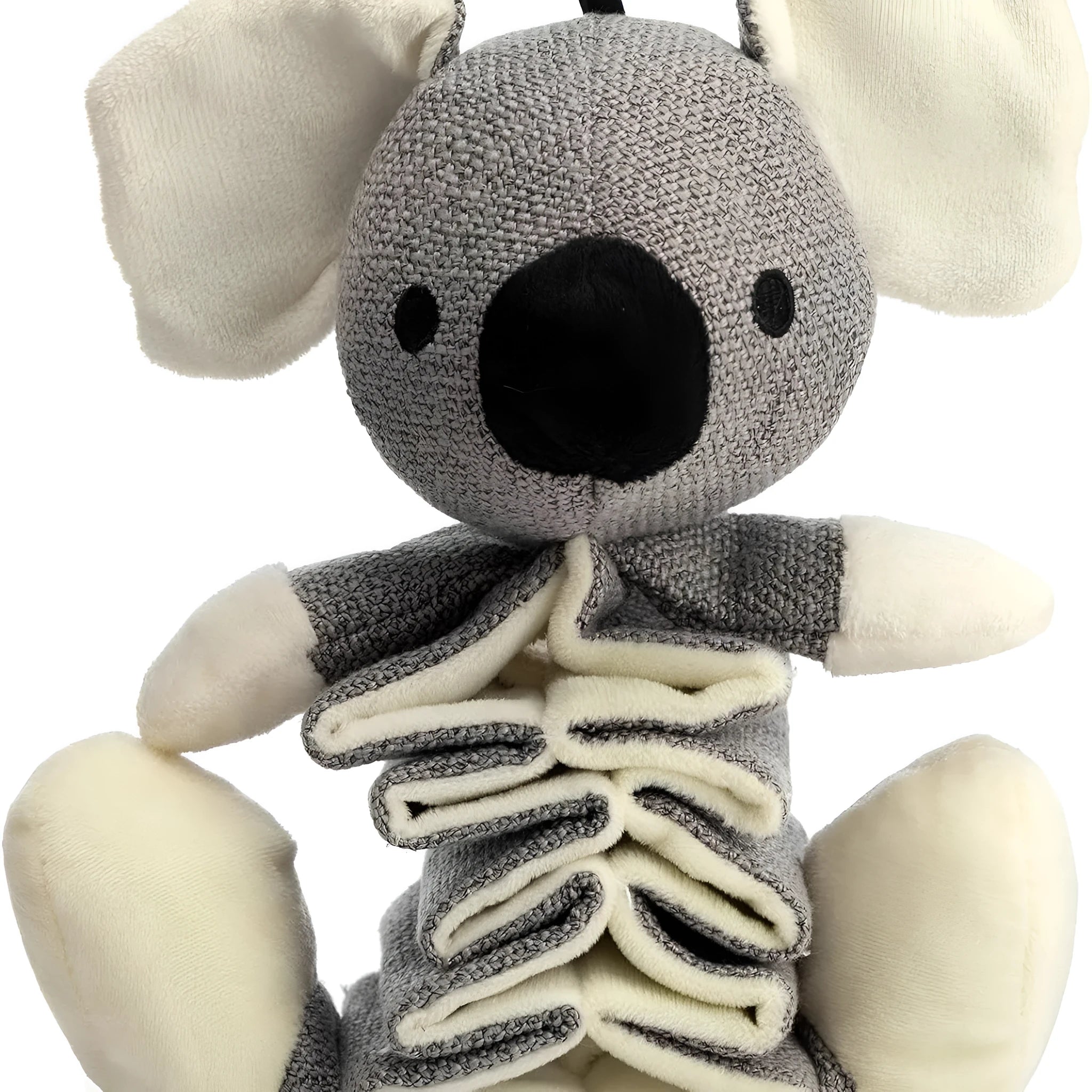 Grey koala stuffed dog toy measuring 30cm long with plush limbs and durable cloth body.