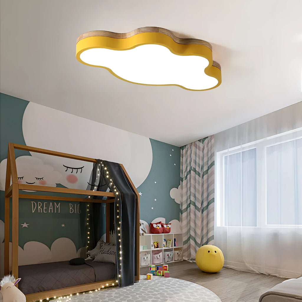 Cloud shaped LED ceiling light with wooden frame in choice of colours