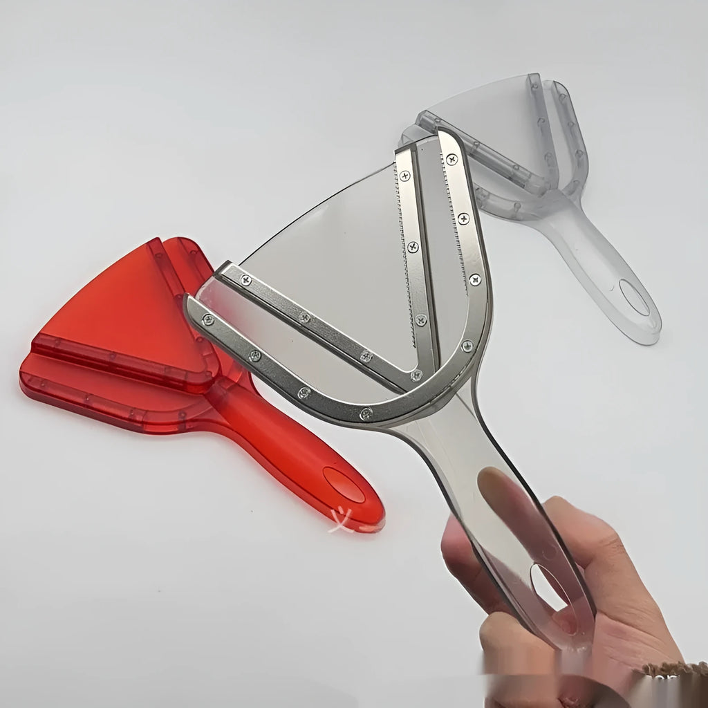 Red plastic can opener with telescopic bottle opener component extended for use