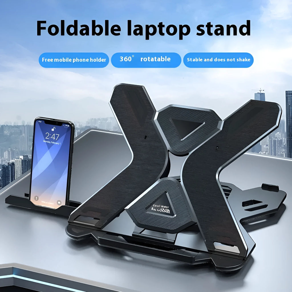 Black ABS plastic laptop bracket stand elevating laptop with 300mm width measurement visible