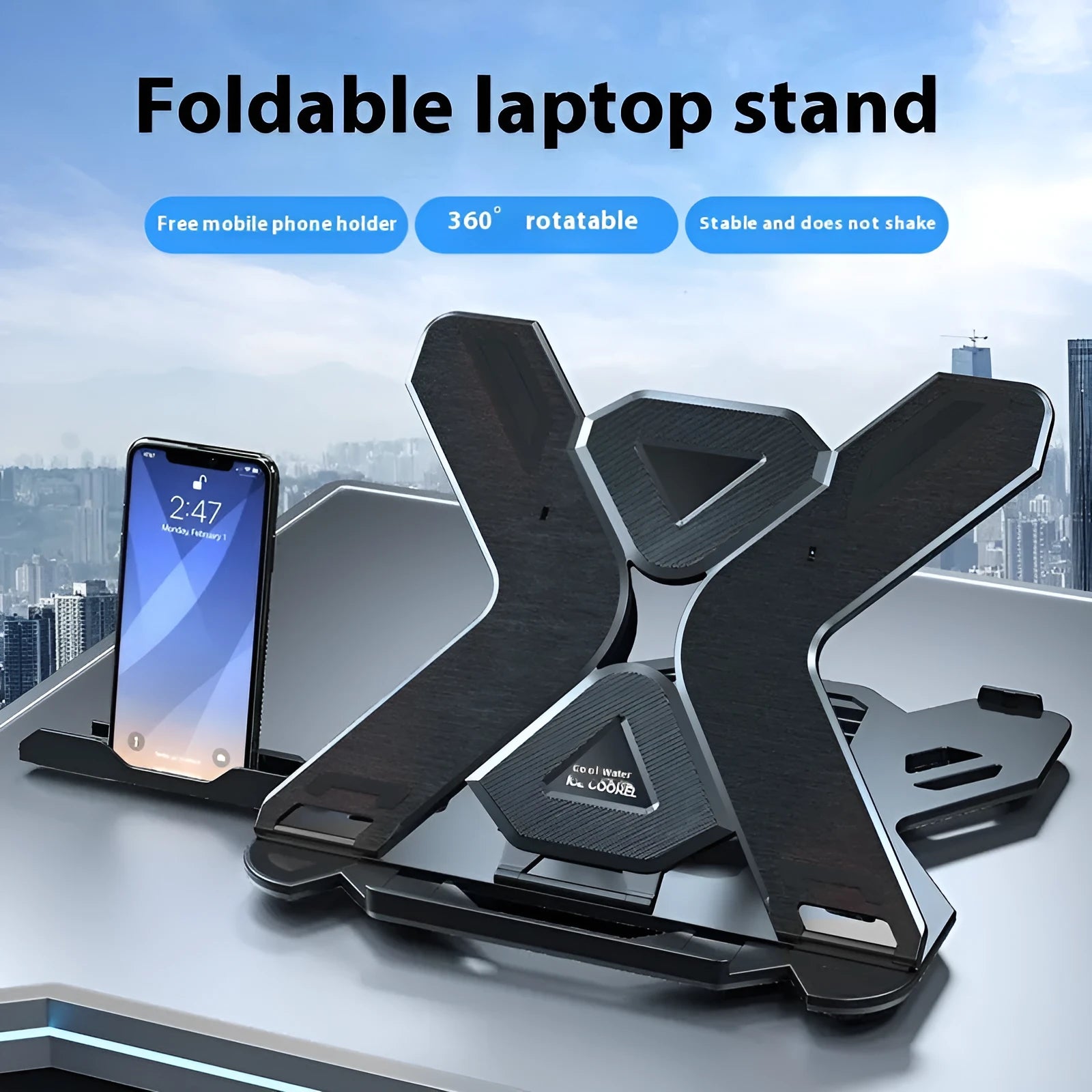 Black ABS plastic laptop bracket stand elevating laptop with 300mm width measurement visible