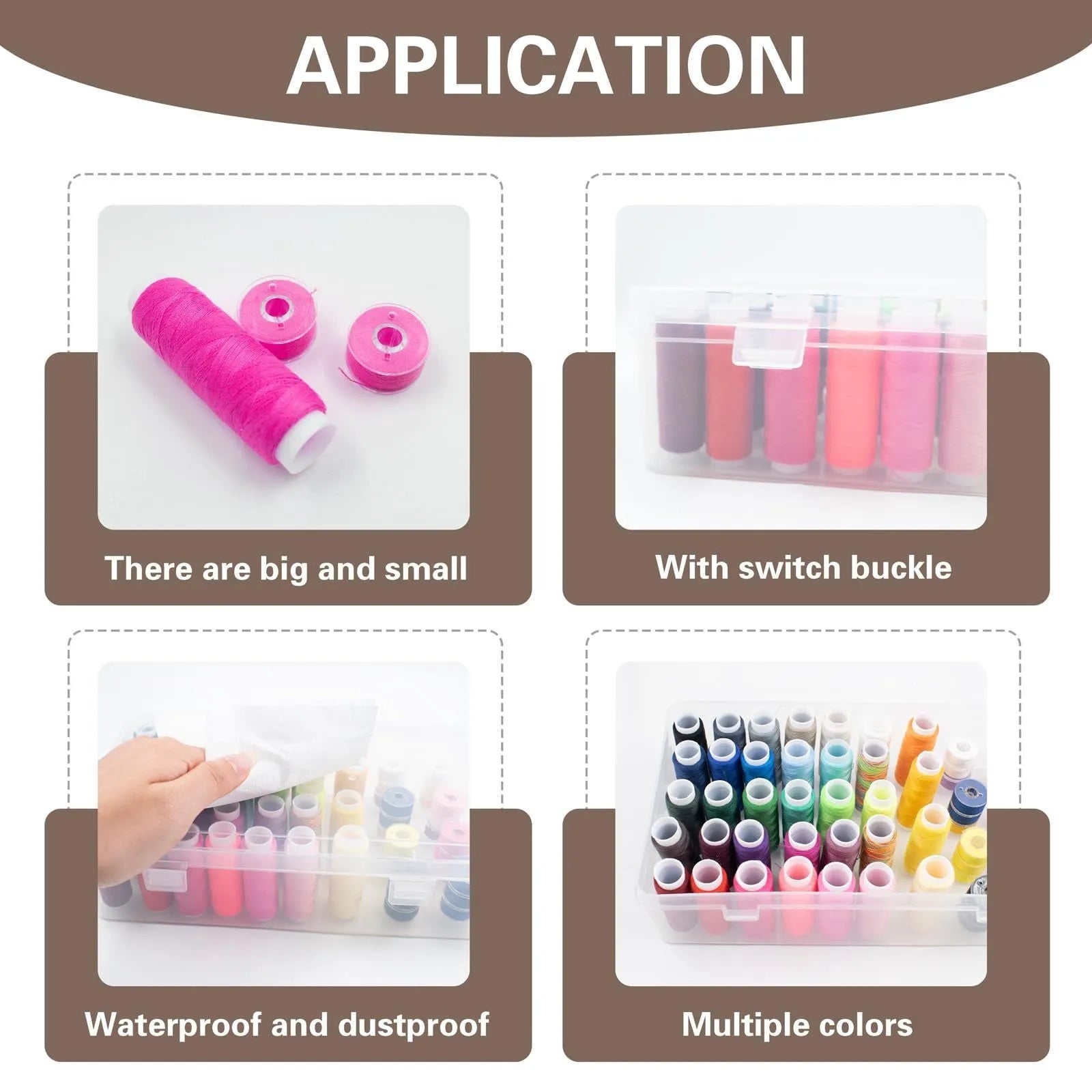42-compartment plastic storage box for embroidery thread organisation in transparent, pink, or blue colours