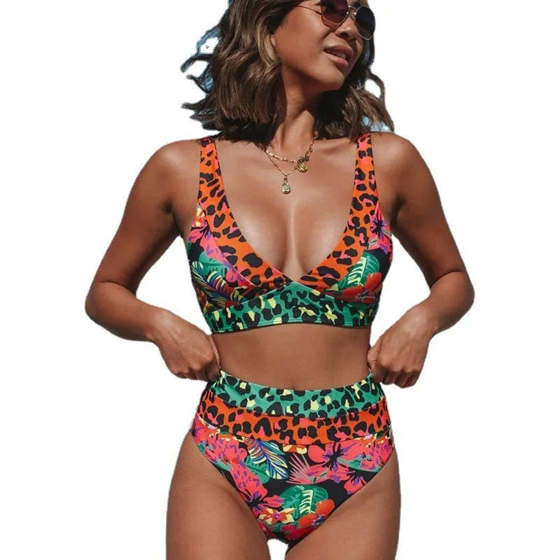 Women's floral print high-waist bikini set in polyester fabric for swimming