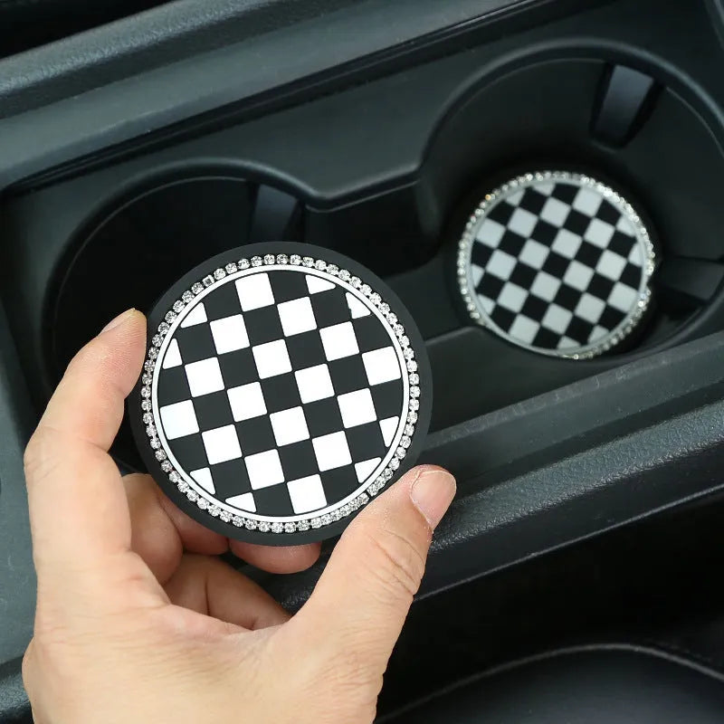 PVC car cup holder mat coaster in black and white checkerboard pattern for vehicle interior