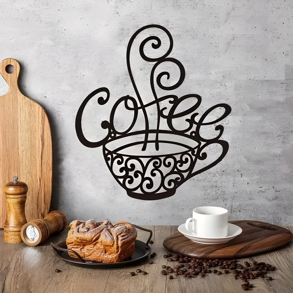 Black iron English letters silhouette wall decoration ornament on a plain background