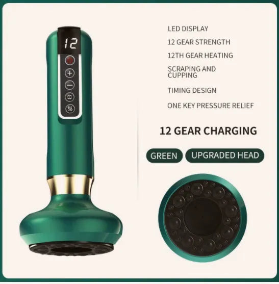 Green electric vacuum cupping massager with adjustable suction and infrared heating functions