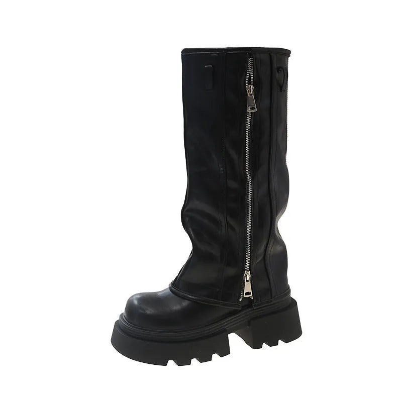 Women's Platform Muffin Pants Martin Boots with high cylinder sock and square heel, in black, brown, and wine red.