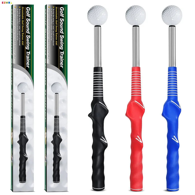 Telescopic golf swing training simulator in stainless steel available in black, blue and red colours
