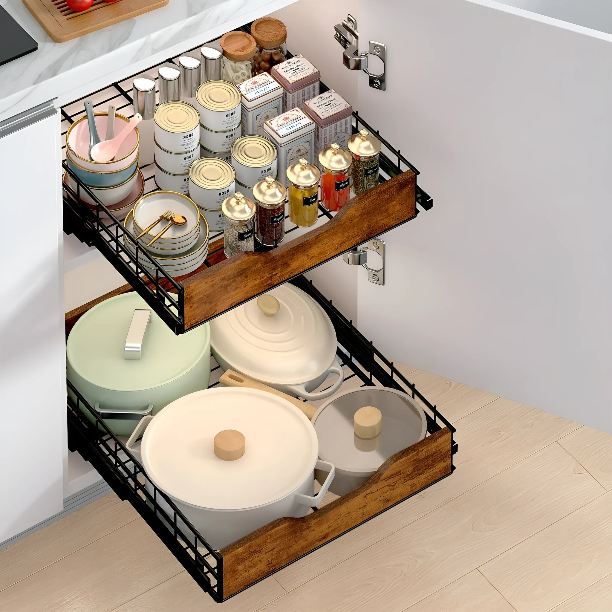 Black simple modern storage rack with a pull basket, made from wood and iron for drawer organisation.