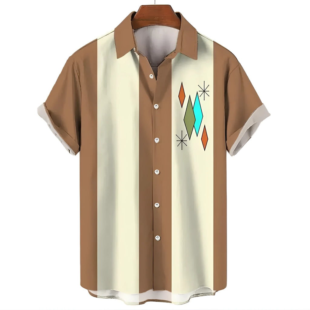 Man wearing a striped short-sleeve button-up Hawaiian shirt in a casual setting