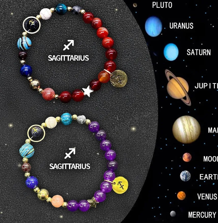 Set of two natural stone beaded bracelets featuring zodiac sign designs on an adjustable band.