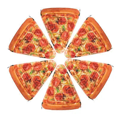 Large inflatable pizza surfboard recliner floating on water with bright multicolour design