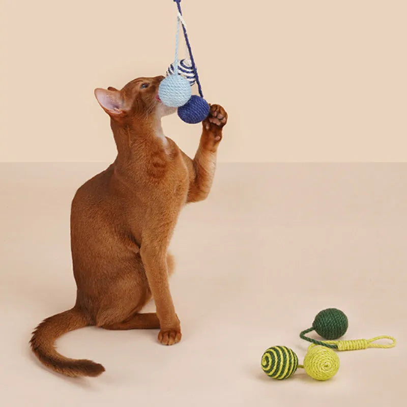 Four-piece cat toy set with teaser stick, catnip ball, and self-play toys on blue background