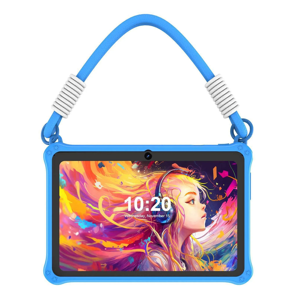 Sapphire blue silicone protective case for a 7-inch children's tablet, showing the flat strap handle.