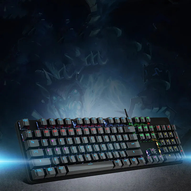 AOC GK410 metal mechanical keyboard with backlit keys and USB cable on a desktop