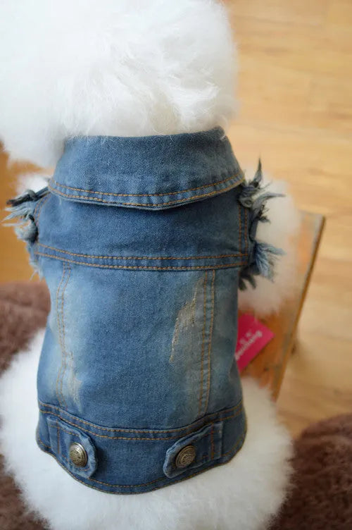 Denim dog vest with retro scratch pattern in dark wash for small breed wear