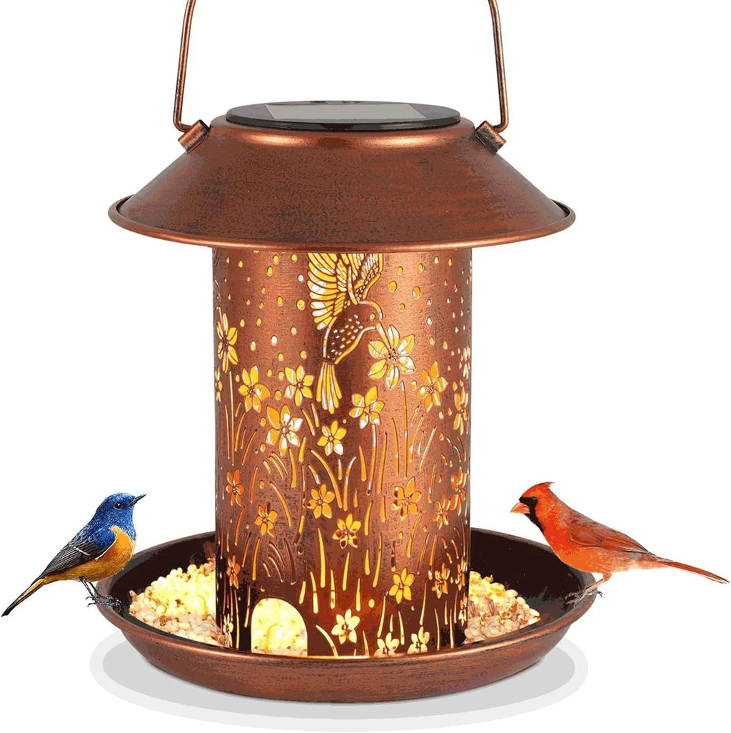 Solar-powered iron bird feeder with hummingbird pattern and LED lights for outdoor garden use