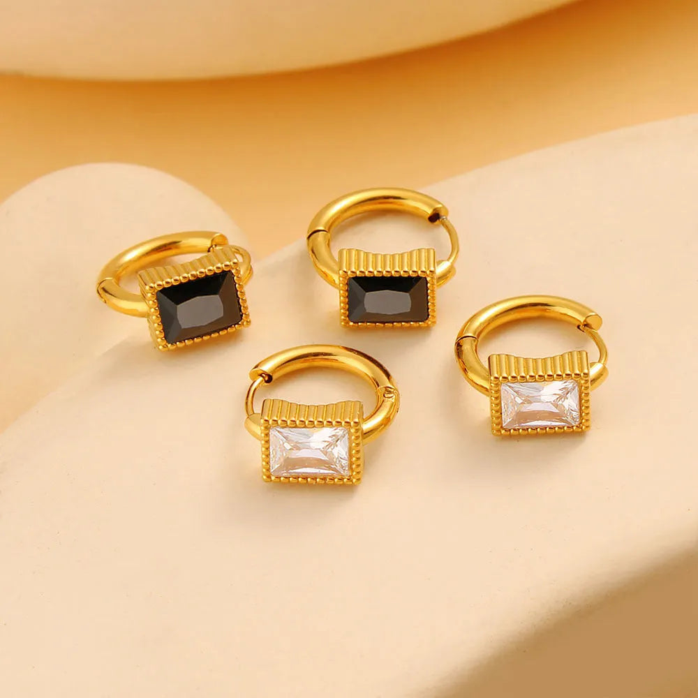 Square geometric zircon earrings in stainless steel with electroplated white, black, or green finish