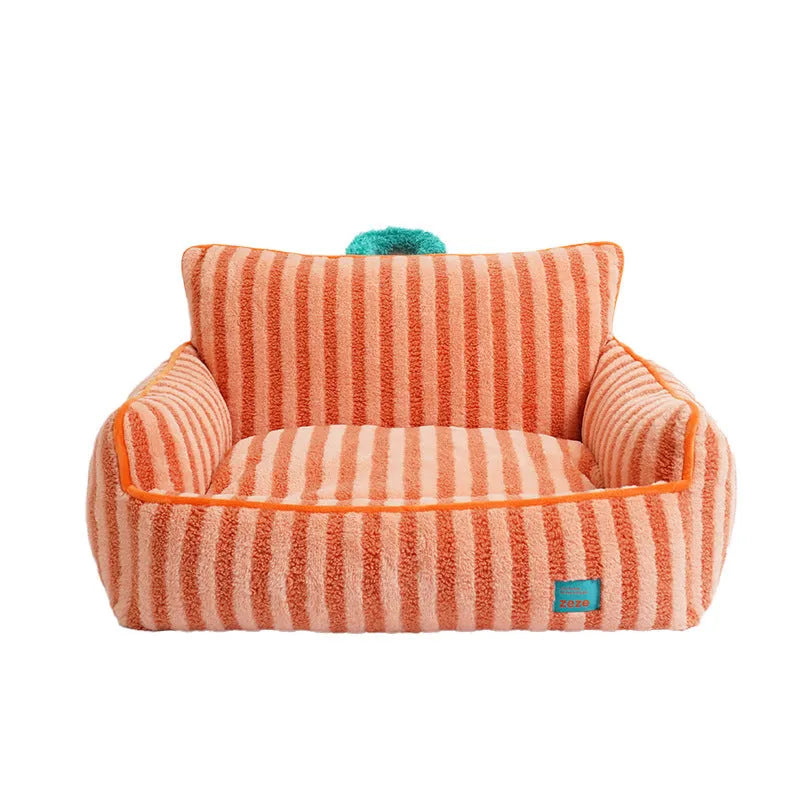 Striped soft velvet pet bed with removable cover in orange, purple or yellow colour