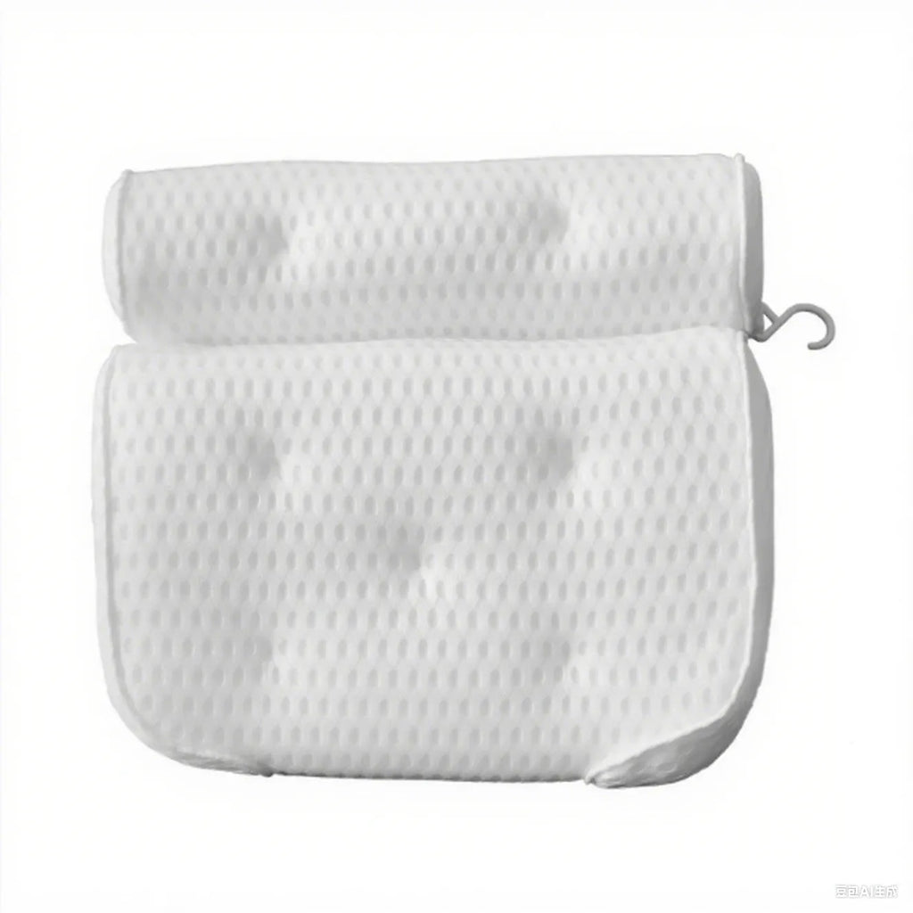 White breathable 3D bathtub pillow with seven suction cups on a bathtub edge.